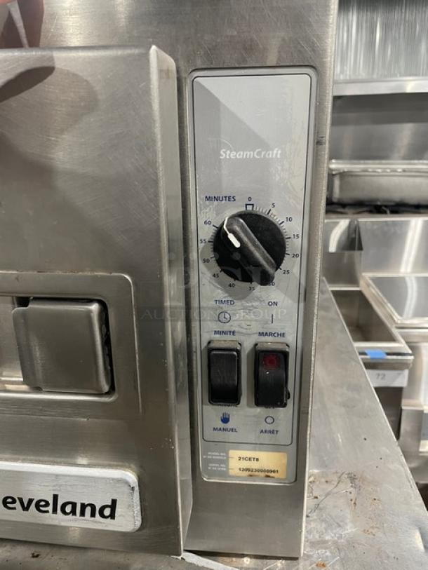 Cleveland Range SteamCraft Series electric countertop convection steamer, model 21CET8, stainless steel, 3-pan capacity, 208V, 3-phase, with built-in pan rack, identifier 1209230000961, control panel with timer.