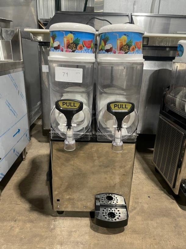 Icetro SSM-280 stainless steel twin slushy machine with clear hoppers and drip tray, 115V, countertop model, electric powered.