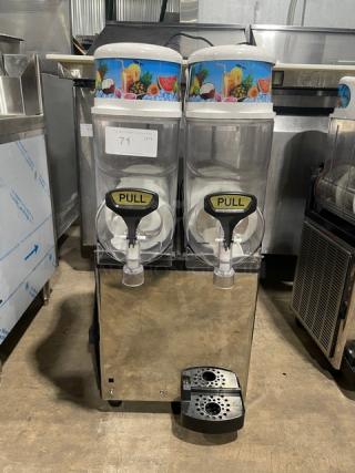 Icetro SSM-280 stainless steel twin slushy machine with clear hoppers and drip tray, 115V, countertop model, electric powered.