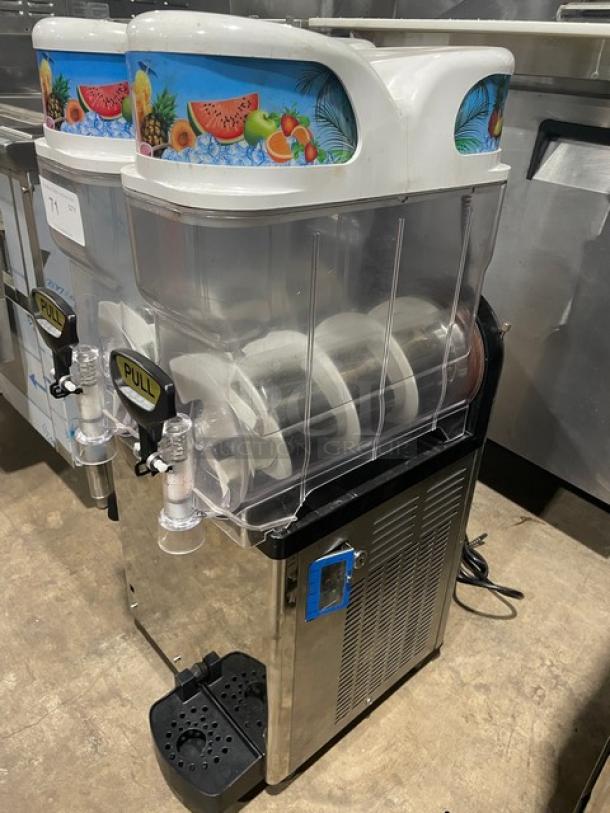 Icetro SSM-280 twin slushy machine; stainless steel, clear polycarbonate hoppers, drip tray, 115V, countertop model.