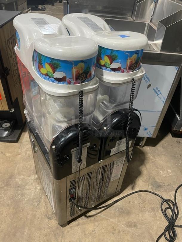 Icetro SSM280 commercial twin slushy machine with clear polycarbonate hoppers, drip tray, stainless steel finish, 115V.