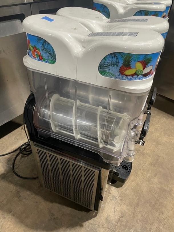 Icetro SSM280 countertop slushy machine with clear polycarbonate hoppers and drip tray, in stainless steel. 115V electric.