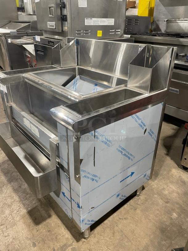 Infinity ICS-36-P10-CB-M stainless steel underbar ice bin/cocktail station with double speed rail, on legs, in excellent condition.
