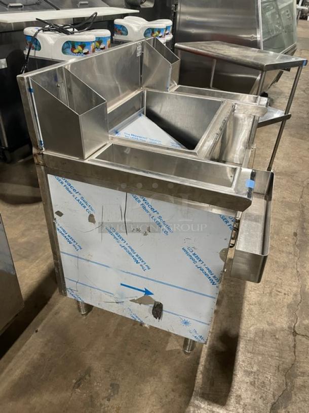 Infinity commercial stainless steel underbar ice bin, Model ICS-36-P10-CB-M, with double speed rail, on legs.