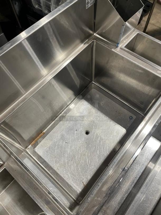 Infinity Commercial Stainless Steel Underbar Ice Bin/Cocktail Station, Model ICS-36-P10-CB-M, with double speed rail and legs.
