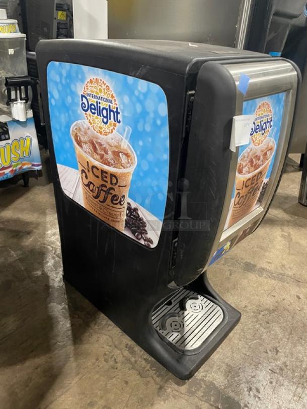 Creamiser 220 twin iced coffee dispenser, black, electric, with drip tray, International Delight branding, 2018 model, 110V.