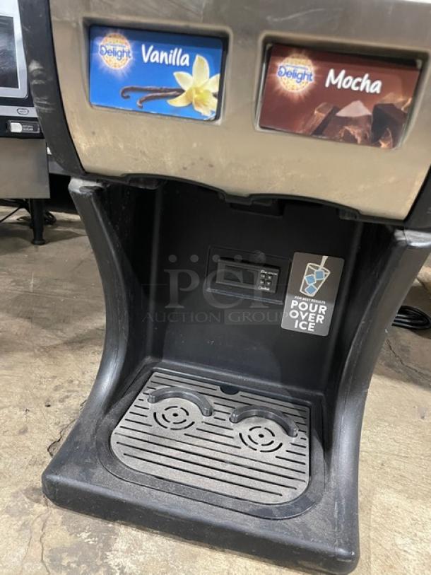 Creamiser Model 220 twin iced coffee dispenser, 2018, with drip tray. Black, electric, commercial-grade, 110V, SN: CP220-016441.