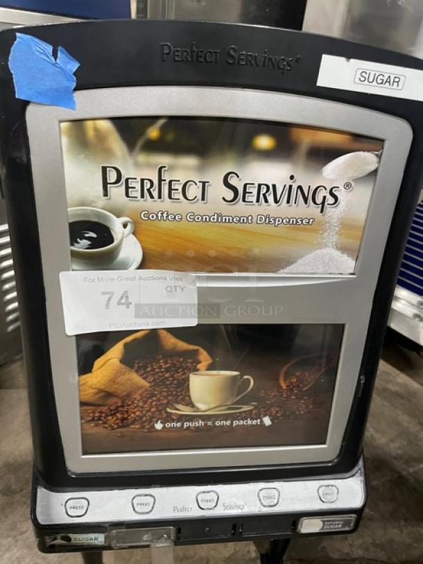 Perfect Servings 5-Flavor Beverage Dispenser, Model UV-PSPD-5-AV-NL-T-B, with 5 hoppers. Good condition, labeled "SUGAR."