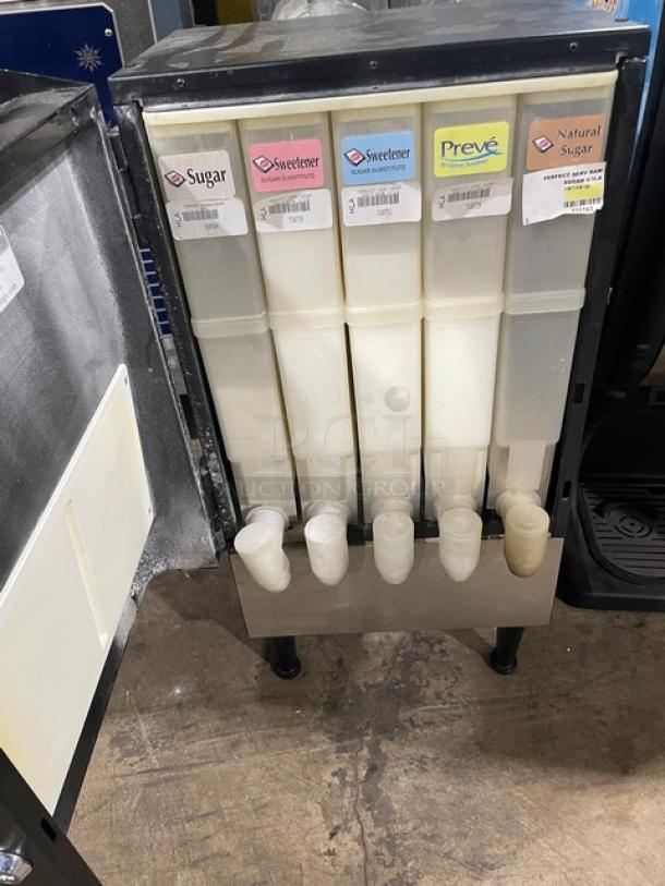 Perfect Servings 5-flavor dispenser machine, model UV-PSPD-5-AV-NL-T-B, with hoppers labeled for sugar, sweeteners, and flavors.
