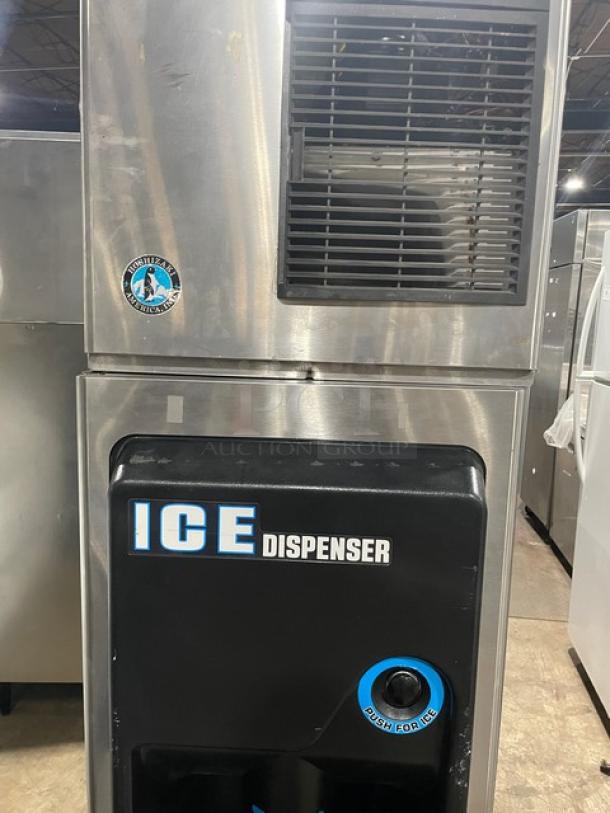 Hoshizaki stainless steel ice maker and dispenser combo, model 30H KM-32MAH/DB-1, 115V-120V, air-cooled, push-button control.