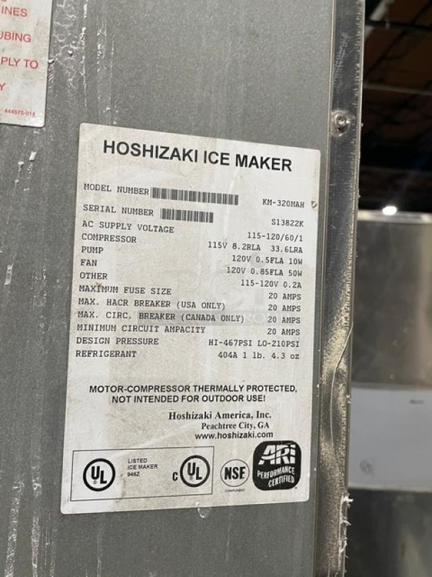 Hoshizaki ice maker model KM-32MAH label showing serial number S13822K, 115V-120V power details, and compliance logos.