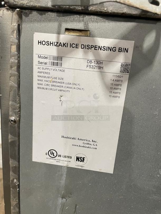 Hoshizaki ice dispensing bin label showing model DB-130H, serial F53219H, voltage 115/60/1, UL and NSF certified.