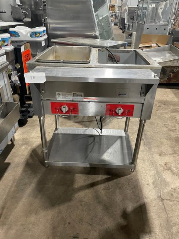Omcan 2019 commercial stainless steel 2-bay hot food/steam table, model FZ-06B1, with single undershelf, on legs.