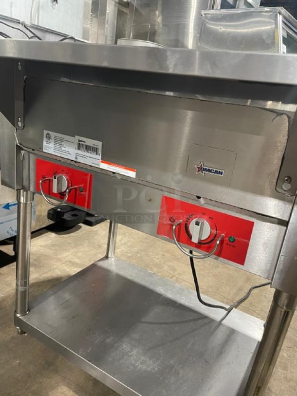 Omcan 2019 stainless steel commercial steam table, model FZ-06B1, with two bays, single undershelf, 120V, on legs.