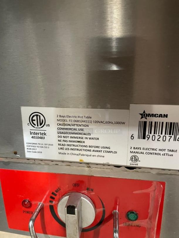 Omcan 2019 commercial stainless steel electric 2-bay steam table, model FZ-06B1 120V, single undershelf, on legs, excellent condition.