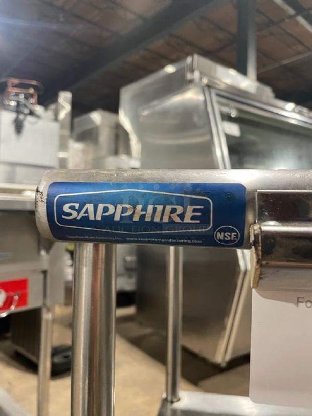 Sapphire commercial stainless steel double overhead shelf with order/receipt holder, features NSF label, excellent condition.