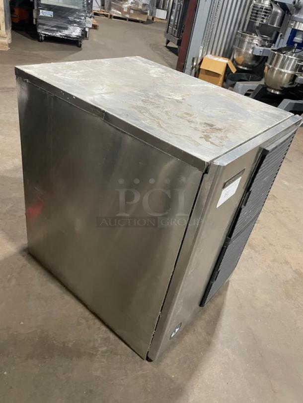 Hoshizaki KM-320MAH ice maker, stainless steel, electric, 115V, 1 phase, commercial use, visible wear on surface.