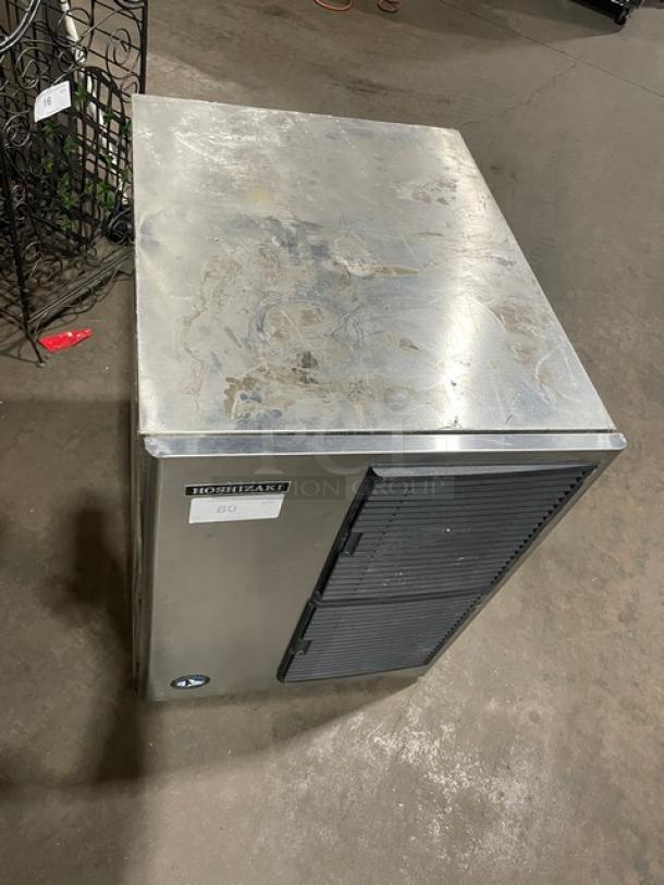Hoshizaki KM-320MAH ice maker, stainless steel, electric, 115V, 1 phase, top and front view, shows minor wear.