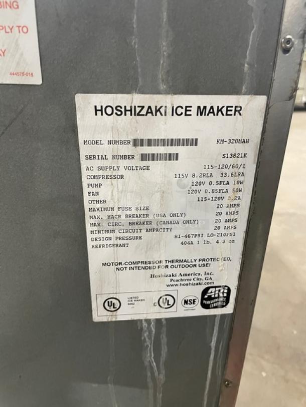 Hoshizaki ice making machine, model KM-320MAH, stainless steel, electric, 115V, 1 phase, S/N S13821K, commercial use.