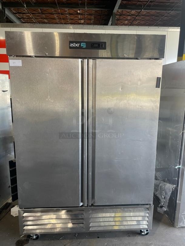 Asber ARF49 stainless steel 2-door reach-in freezer, 2021 model, on casters. Serial: 81002342948. In good condition.