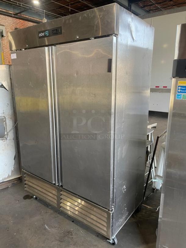 Asber ARF49 2 Door Commercial Freezer, Stainless Steel, 2021, on casters, 115V 1 Phase, Serial: 81002342948, late model.