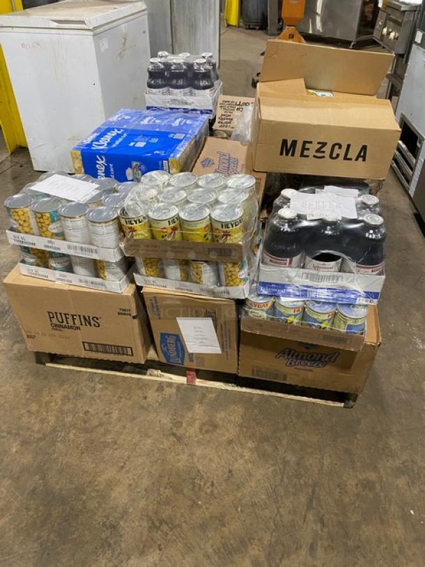 Mixed pallet with Kleenex 2-ply tissues, assorted snack food, and beverages. Includes multiple cases, brand new condition.