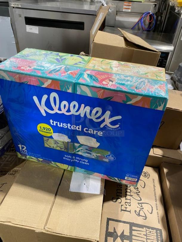 Kleenex Trusted Care 2-Ply Tissues, 12-box case, assorted snack and beverage mixed pallet, brand new packaging.