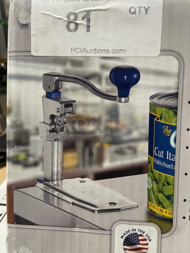 Brand new Edlund commercial heavy-duty manual can opener, Model 2, with blue handle. "Made in the USA" label visible.