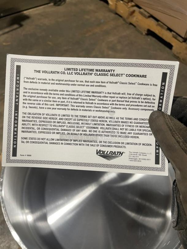 Brand New Vollrath Jacob Pride Series commercial aluminum 18 qt. brazier with handles, model 68218, limited lifetime warranty included.