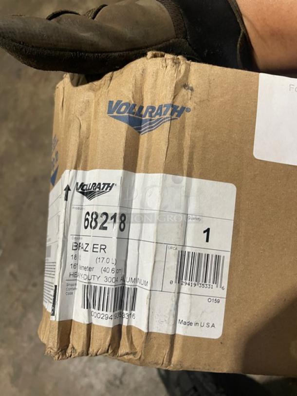 Brand new Vollrath Jacob Pride Series 18 Qt. commercial aluminum brazier, model 68218, in original packaging.
