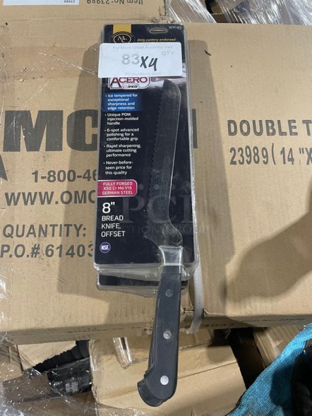Winco Acero Series 8" bread knife, model KFP-83, in packaging. Stainless steel blade, offset handle, new condition.