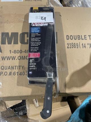 Winco Acero Series 8" bread knife, model KFP-83, in packaging. Stainless steel blade, offset handle, new condition.