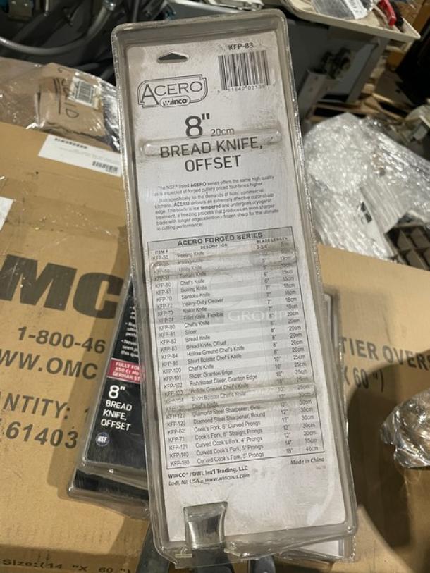 Winco Acero Series 8" Bread Knife, Model KFP-83, brand new in packaging. Stainless steel, commercial grade.