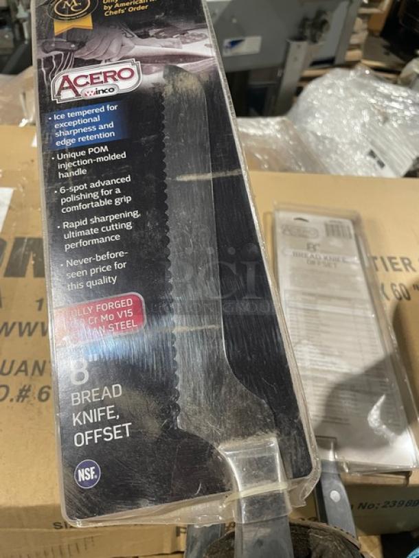 Brand new Winco Acero Series 8" bread knife, Model KFP-83, with stainless steel blade and ergonomic handle in packaging.