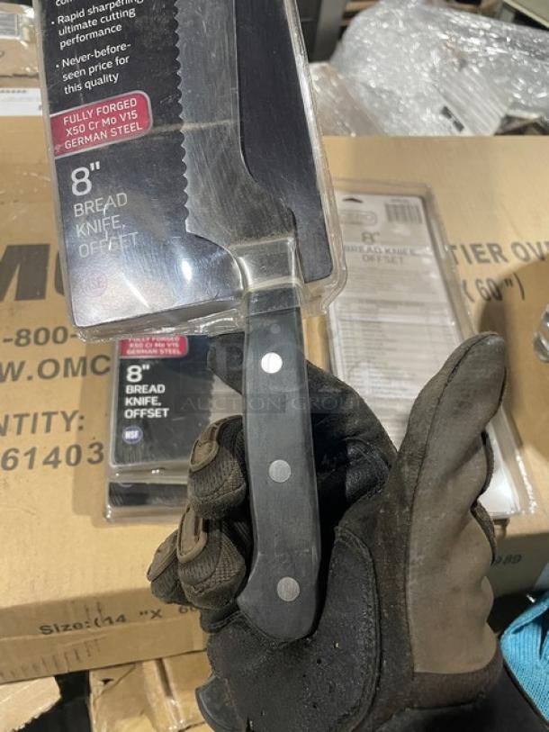 Winco Acero Series 8" Bread Knife, Model KFP-83, brand new in packaging. Stainless steel blade, offset handle, commercial quality.