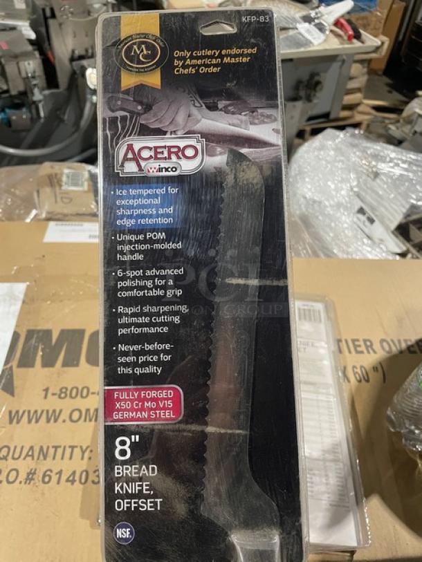 Brand new Winco Acero Series 8" bread knife, model KFP-83. Stainless steel, POM handle, NSF-certified.
