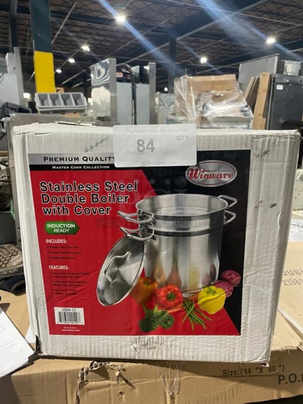 Brand new Winco Winware 12 Qt. induction-ready stainless steel double boiler with cover, Model SSDB-12, in box.