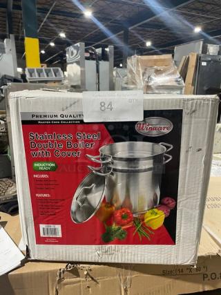 Brand new Winco Winware 12 Qt. induction-ready stainless steel double boiler with cover, Model SSDB-12, in box.