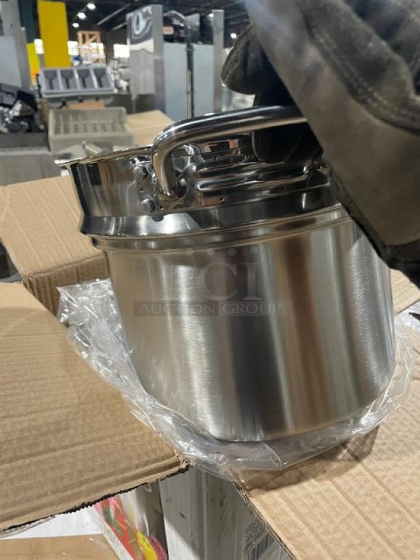 BRAND NEW Winco Winware 12 Qt. stainless steel double boiler, Model SSDB-12, induction-ready, with handles and cover.