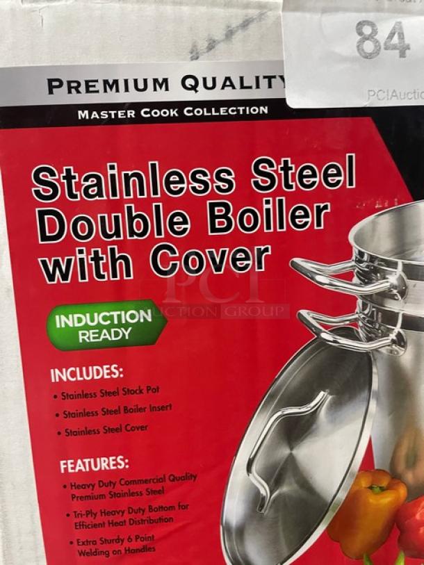 Winco SSDB-12 stainless steel 12 qt. double boiler with cover, induction ready. Includes stock pot, boiler insert, and cover.