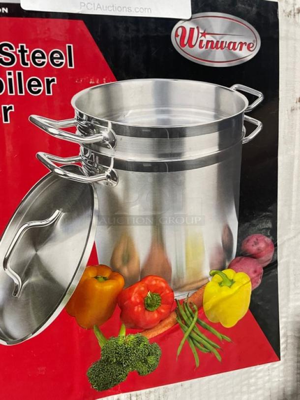 Brand new Winco Winware Master Cook 12 Qt. stainless steel double boiler with cover, model SSDB-12, induction ready.