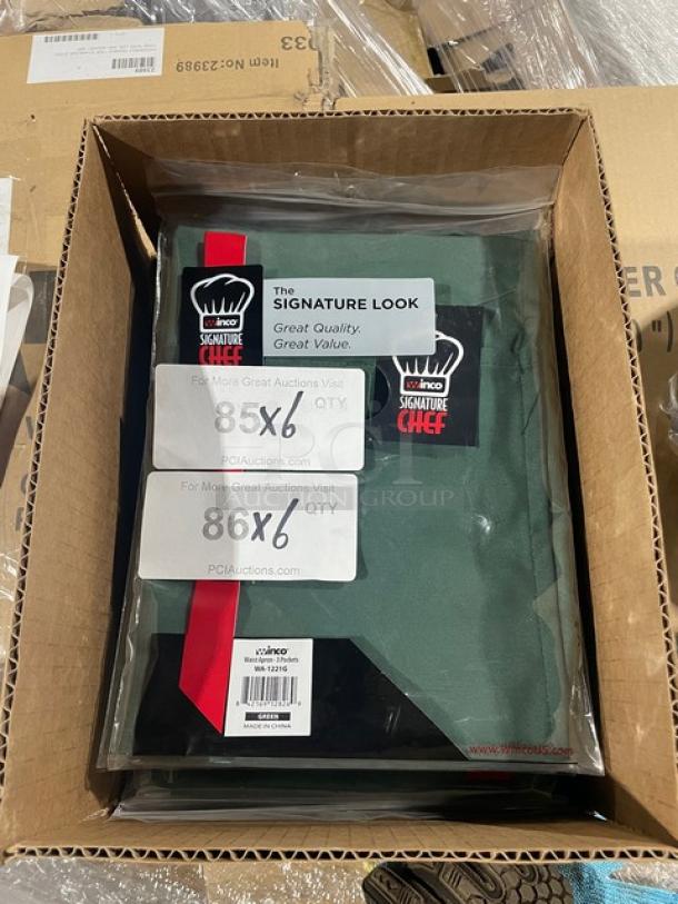 Brand new Winco Signature Chef Series green waist apron, model WA-1221G, with 3 pockets. Packaged with original tags.