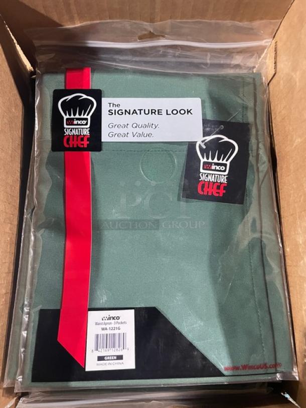 Brand new Winco Signature Chef Series green waist apron, model WA-1221G, with 3 pockets. Includes original packaging and tags.