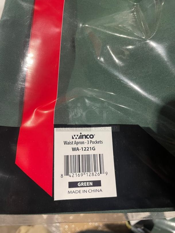 Winco Signature Chef Series green waist apron, model WA-1221G, with 3 pockets. Brand new in packaging, made in China.