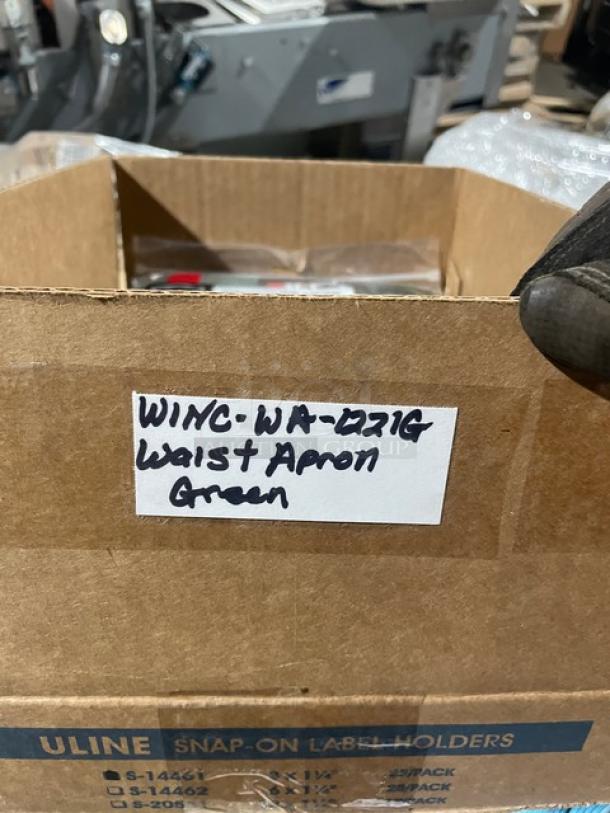 Brand New Winco Signature Chef Series Green Waist Apron, Model WA-1221G, with 3 pockets. Label reads: "Winc WA-1221G Waist Apron Green."