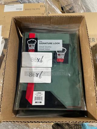 Brand new Winco Signature Chef Series green waist apron, model WA-1221G, with 3 pockets, in original packaging.