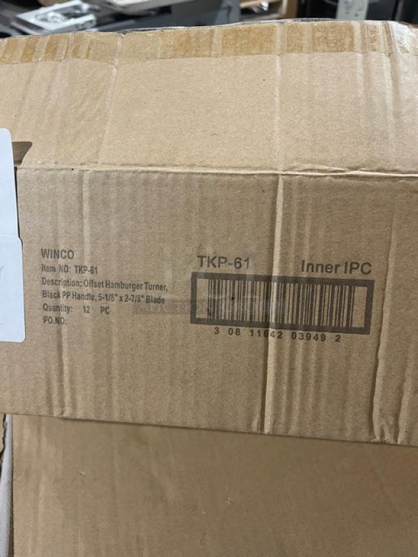 Winco Winware TKP-61 commercial stainless steel offset hamburger turner with black grip handle, new in box.