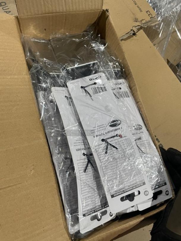 Brand New Winco Winware TKP-61 Offset Hamburger Turners in box. Stainless steel, black grip handle, commercial quality.