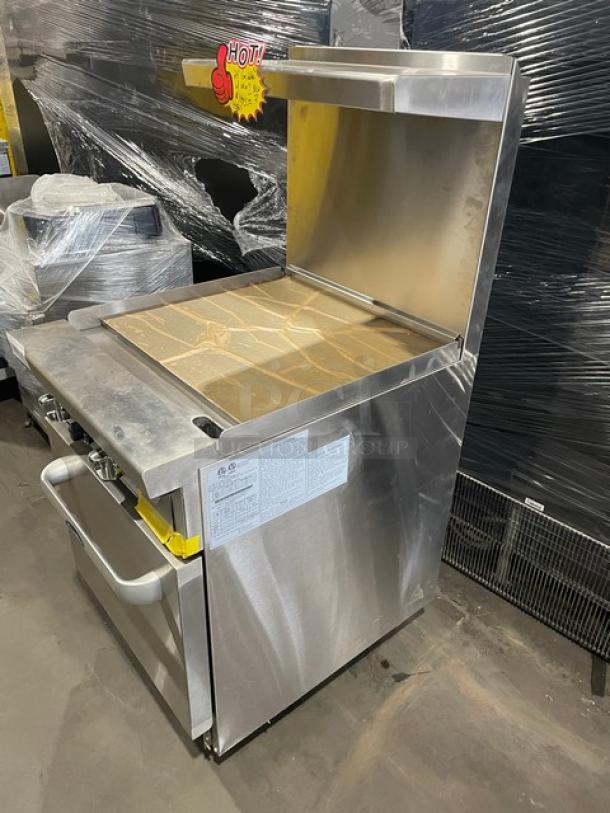 Brand new Atosa ATO-24G natural gas griddle range on casters, features a stainless steel over-shelf and single rack.