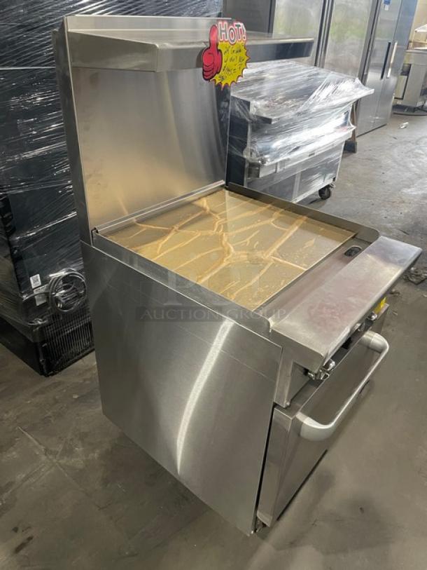 Brand new Atosa ATO-24G natural gas griddle range with stainless steel overshelf and rack, on casters.